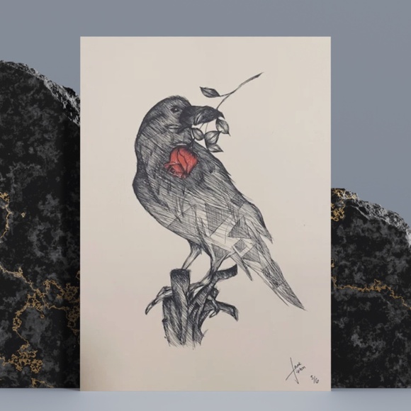 Raven with a Rose Drawing - Picture 3 of 3